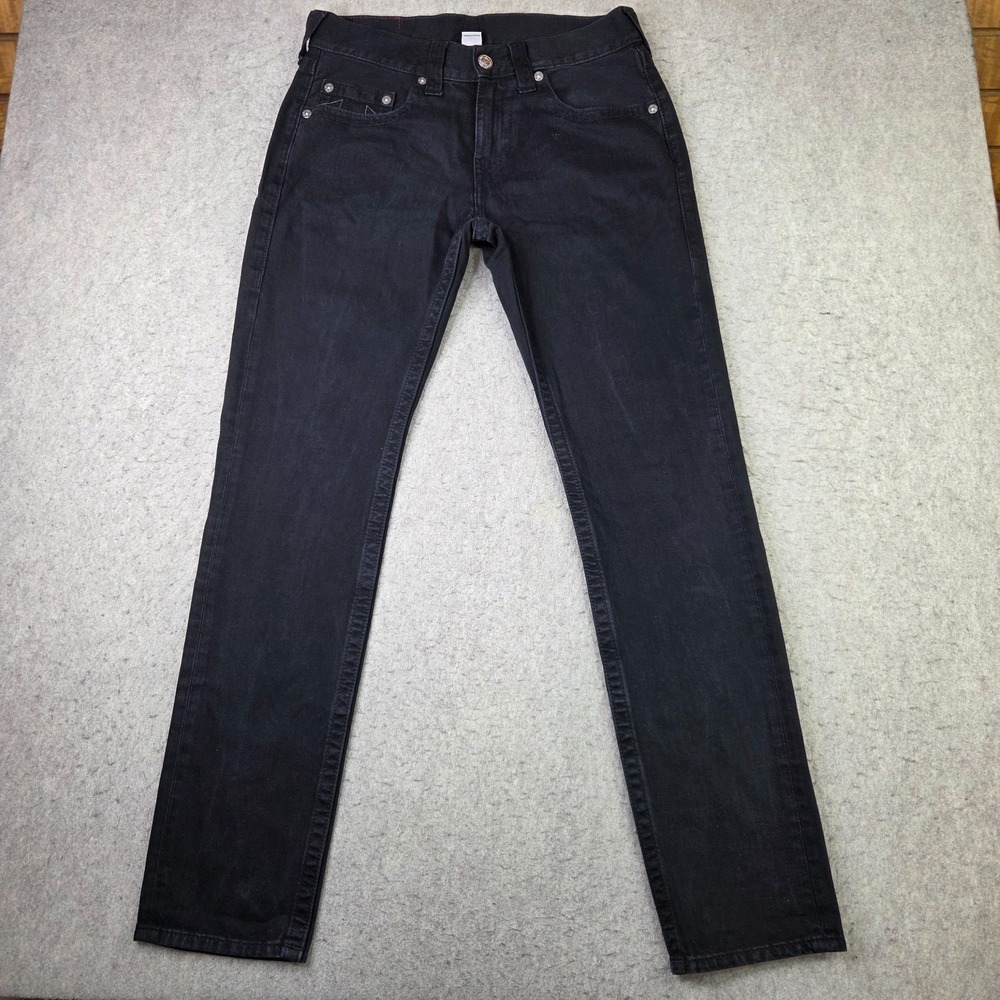 True Religion Mens All Black Jeans Size 31x33 Faded Dark Wash Slim Denim
